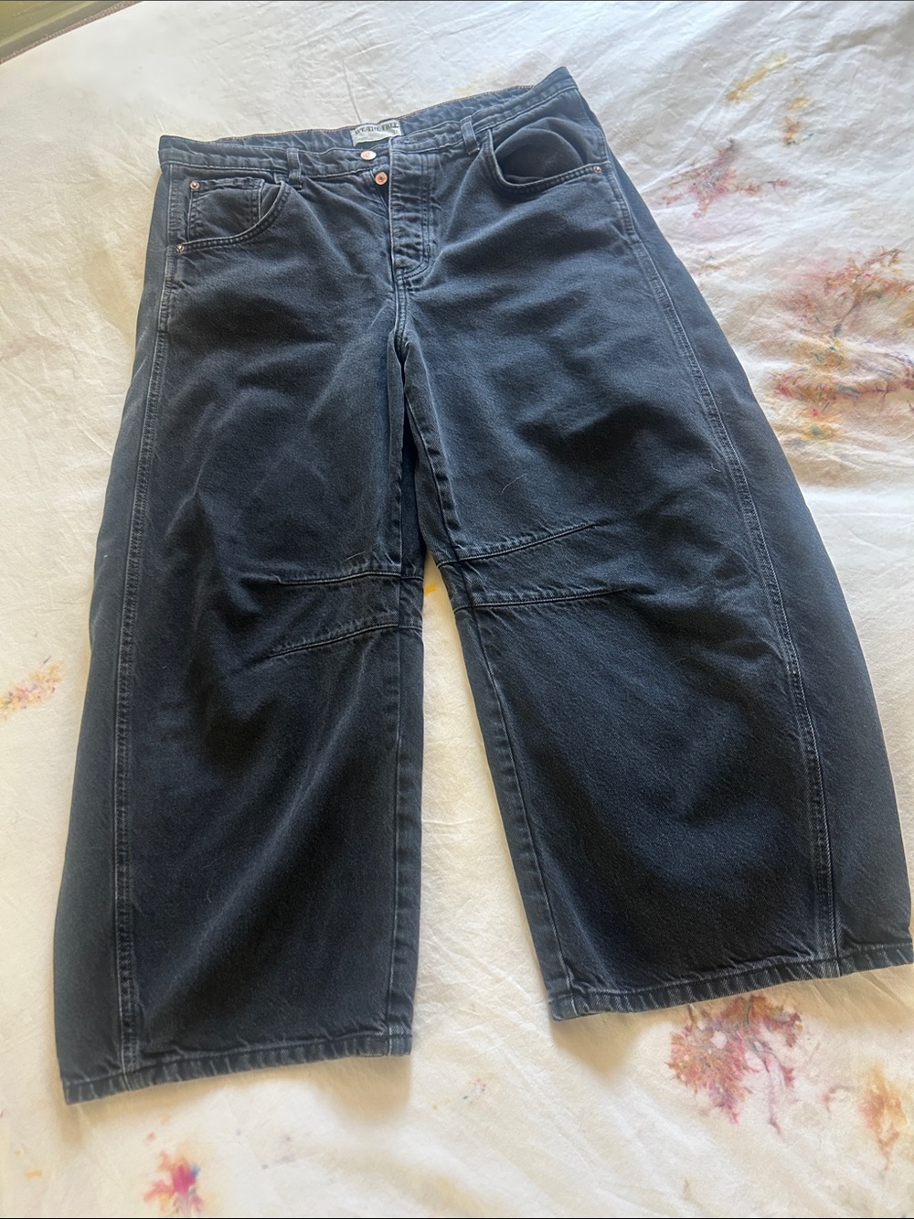 Free People Black Straight Leg Jeans with Knee Seam Detail